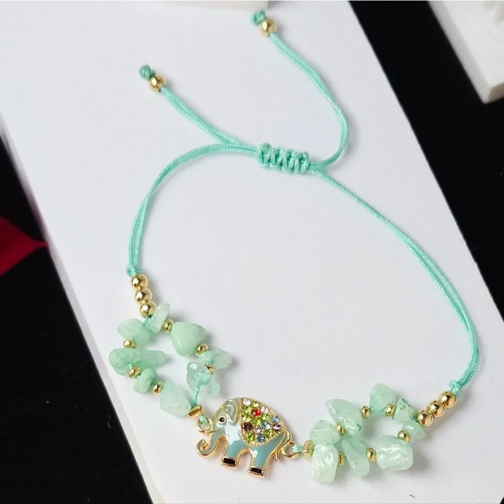 Green Aventurine Crystal Beaded Elephant Bracelet Adjustable String Enamel Charm